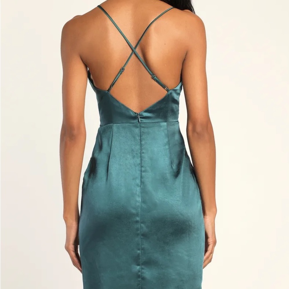 NEW Teal Green Satin Surplice Faux-Wrap Dress - Picture 4 of 5